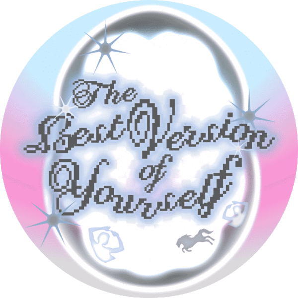 Circular event promotion gif for The Best Version of Yourself including time, date, and location of event. Cursive pixelated text against a pink and light blue gradient background.