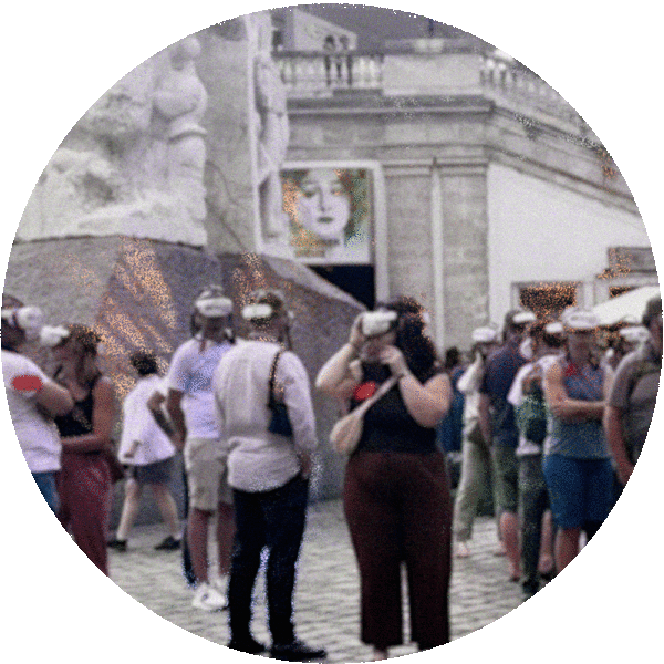 Gif with event details of the workshop, transposed upon a circular video of people standing outside of a museum